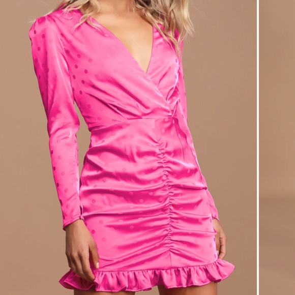 WAYF Phoenix Magenta Jacquard Satin Polka Dot Long Sleeve Mini Dress - Picture 2 of 4